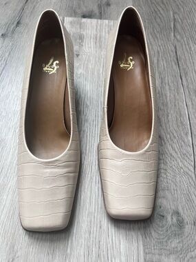 Croc-Embossed Square-Toe Heels in Cream